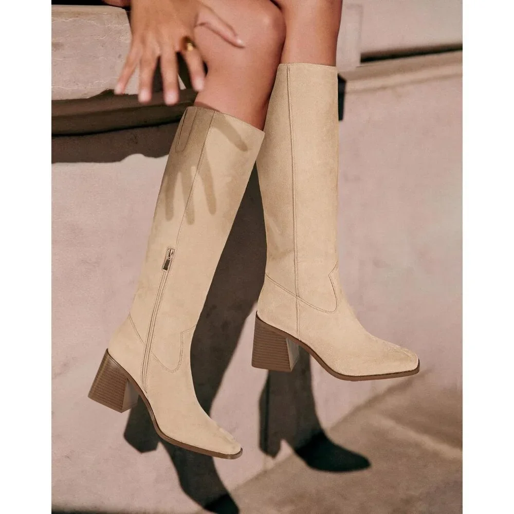 Women Nude Polyurethane Knee High Square Toe Side Zipper Block Heel Tall Boots